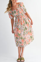 Apricot Pink Floral Knot Front Smocked Bubble Sleeve Dress Midi Dresses e772b49dc6b00692