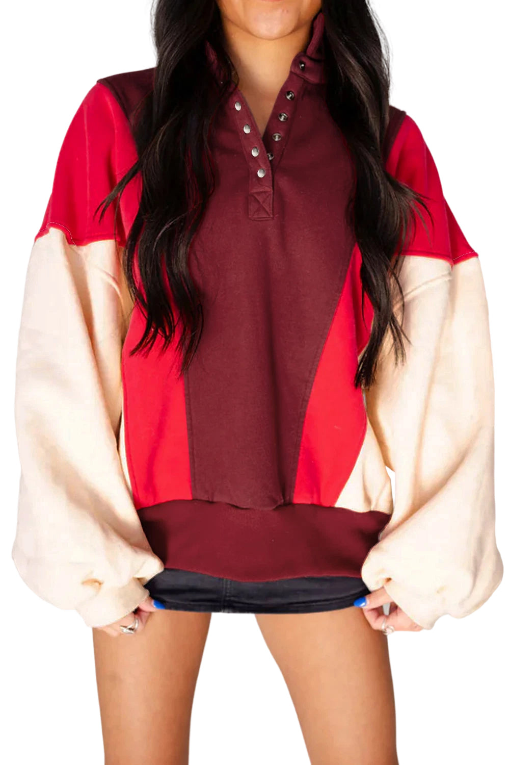 Fiery Red Colorblock Patchwork Oversized Sweatshirt Sweatshirts & Hoodies e77e5e15a22e4f6d