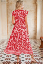 Red Boho Floral V-Neck Ruffle Shoulder Maxi Dress Maxi Dresses e78754a7ddbd3416