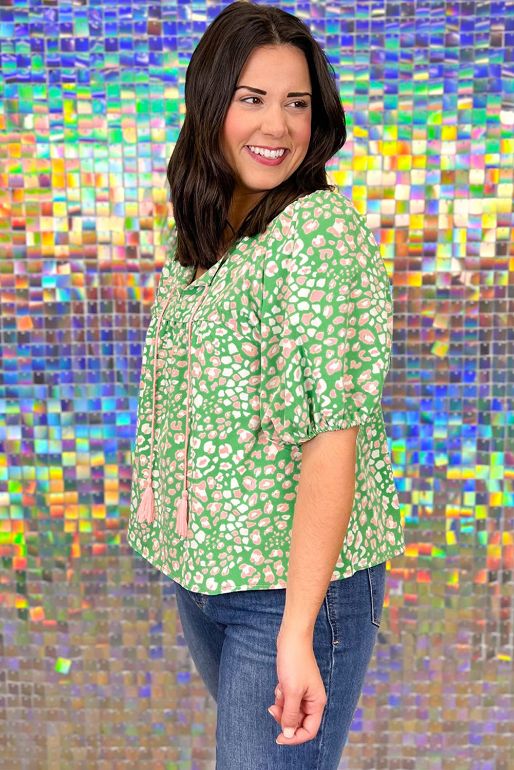 Green Plus Size Leopard Tassel Tie Split Neck Puff Sleeve Blouse Plus Size Tops e78a0492814bc386