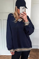 Navy Blue Varsity Contrast Trim V Neck Sweatshirt Sweatshirts & Hoodies e794e9170664dbfe