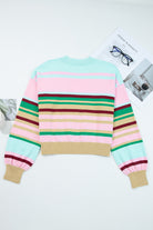Multicolour Striped Knit Ribbed Trim Boxy Fit Cropped Sweater Sweaters e79bab270f3bd15b