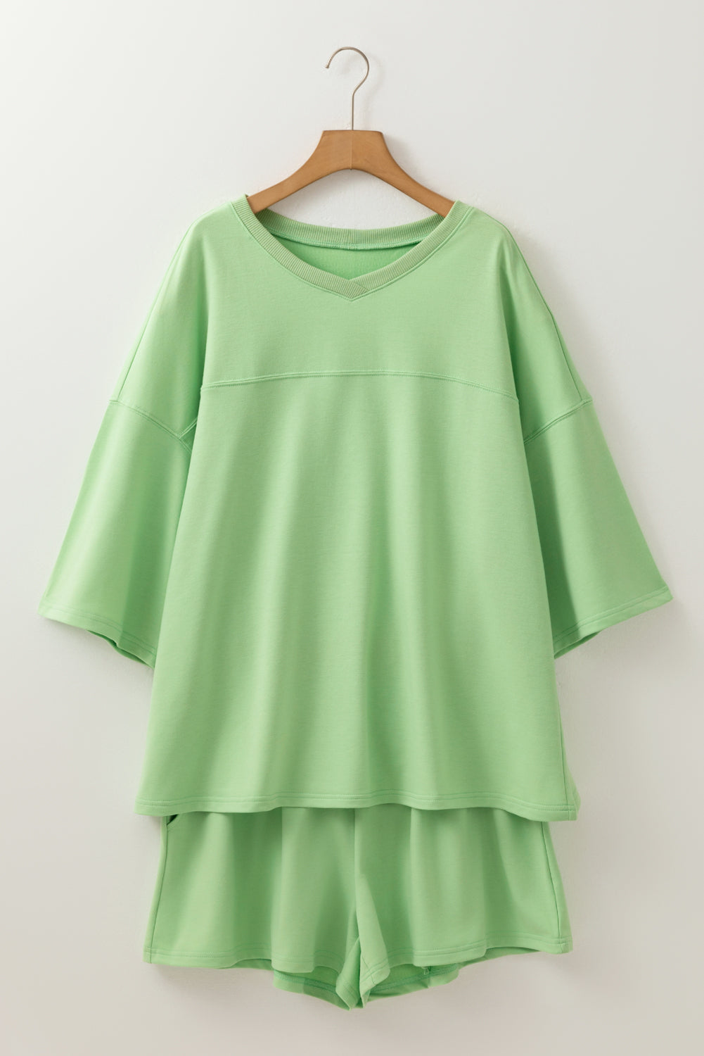 Meadow Mist Green Plus Size V Neck Drop Shoulder Tee Loose Shorts Set Plus Size Matching Sets e79ef637d8f12d1a