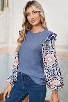 Ashleigh Blue Ruffle Floral Sleeve Patchwork Waffle Top Long Sleeve Tops e7b6d6ad890b817e