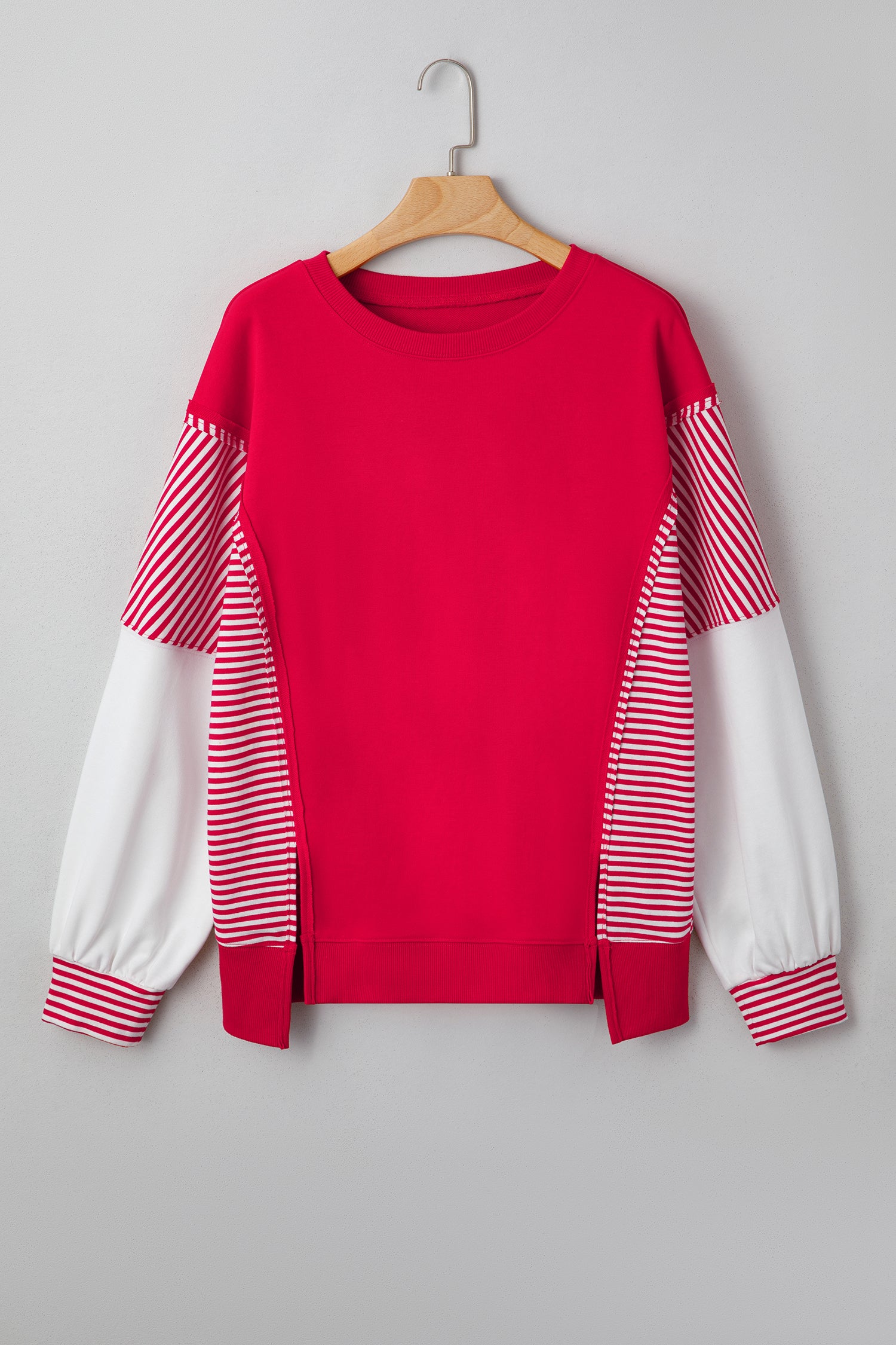 Fiery Red Striped Patchwork Sleeve Colorblock Sweatshirt Sweatshirts & Hoodies e7f0afe99f18f14e