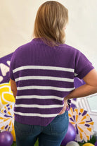 Purple Stripe Raw Edge Patched Pocket Short Sleeve Knit Sweater Sweaters e7fc650ab600cdec