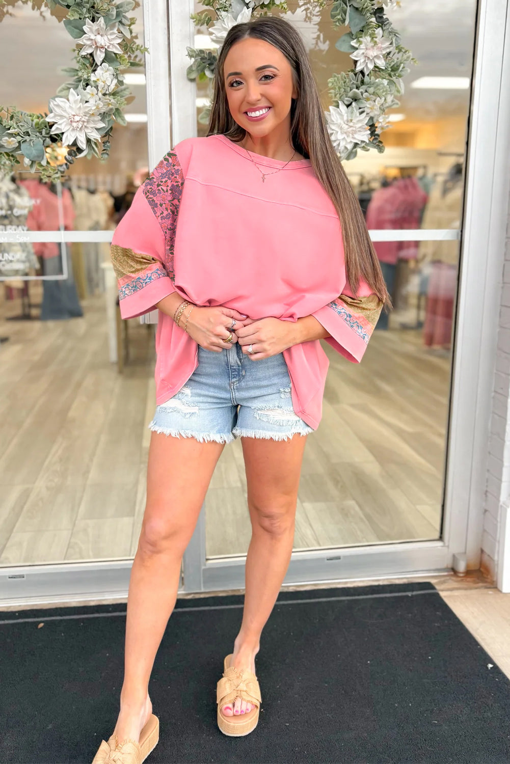 Gossamer Pink Floral Color Block Patchwork Long Sleeve Top Long Sleeve Tops e8072e29e9d21ef5