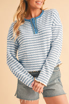 Sky Blue Stripe Textured Long Sleeve Henley Top Long Sleeve Tops e80ca10b357b99d1
