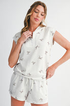 Beige Bow Print Half Zip Tank Top and Shorts Set Two Piece Shorts Sets e823f24c07a55a86