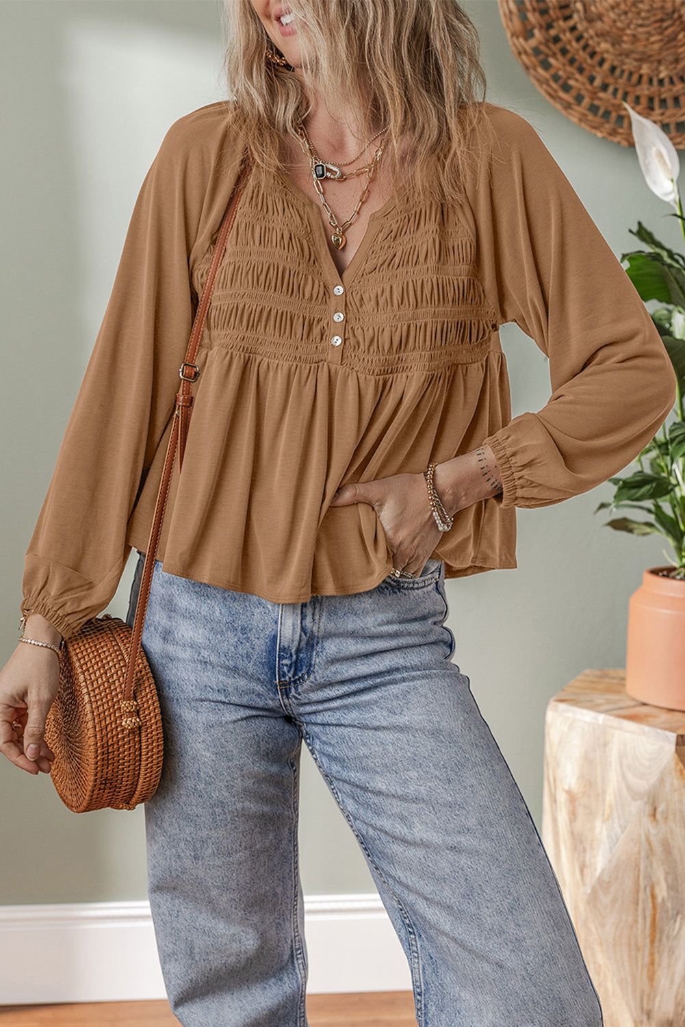Cinnamon Smocked Bust Buttoned Split V Neck Flowy Blouse Blouses e8252013eadc0e1f