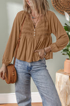 Cinnamon Smocked Bust Buttoned Split V Neck Flowy Blouse Blouses e8252013eadc0e1f