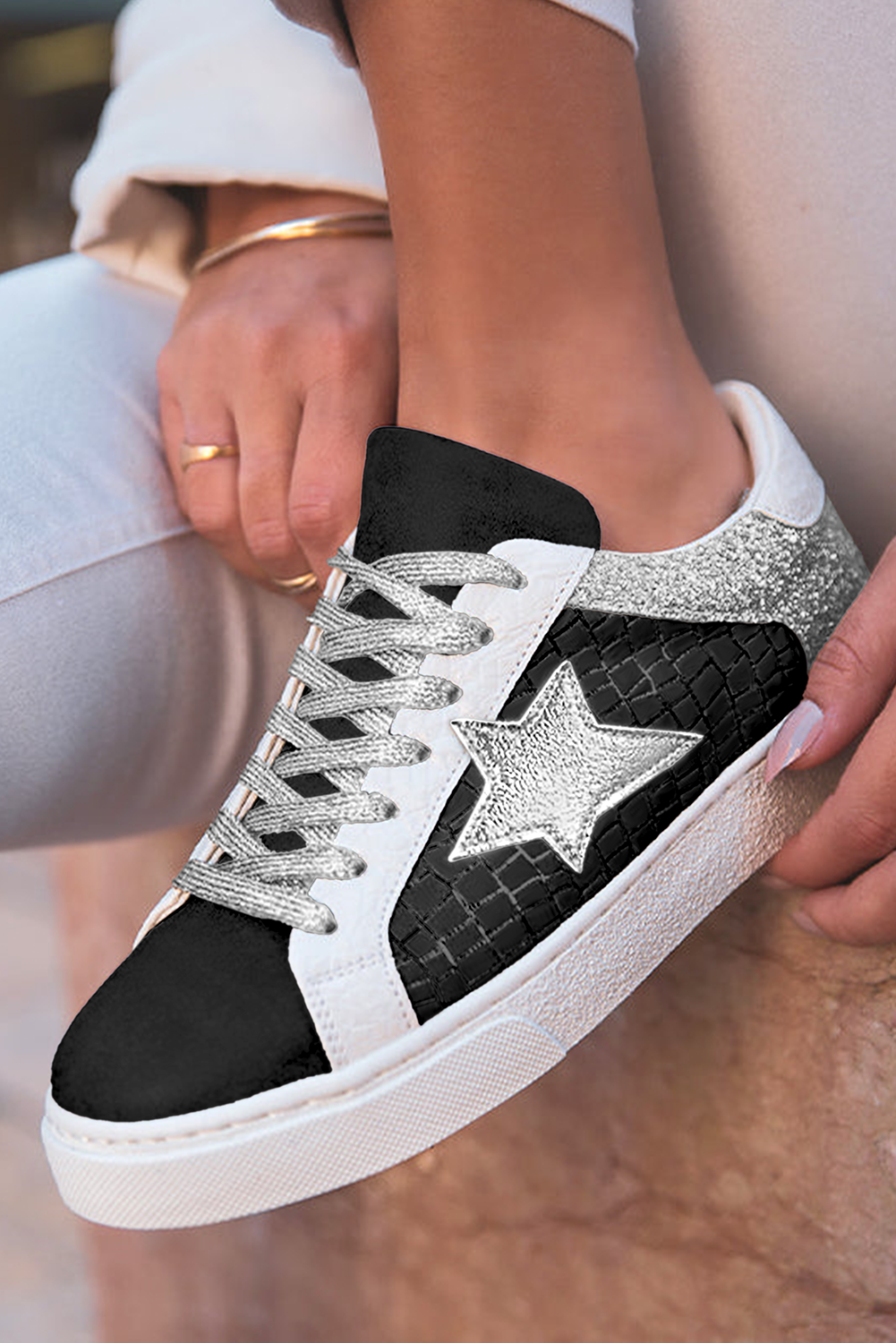 Gold Glitter Star Patchwork PU Leather Lace-up Sneakers Sneakers e83f6c7d594fa0ef