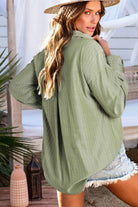 Green Stripe Button Up Oversized Casual Shirt Blouses e8448ebd61ef9ece
