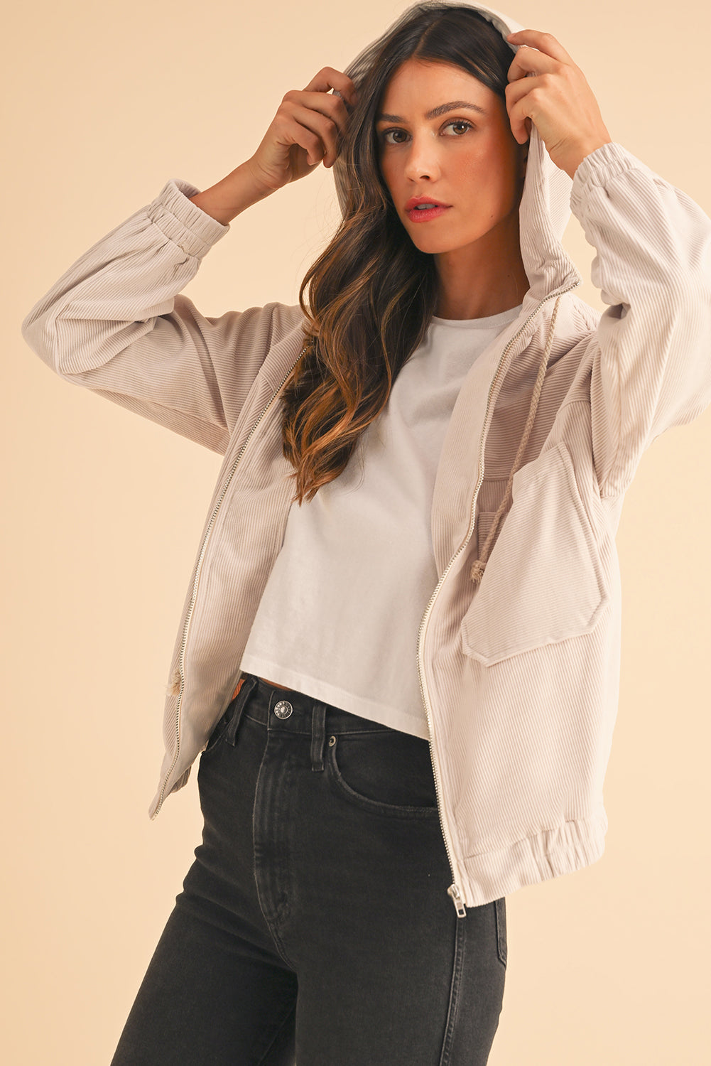 Real Teal Corduroy Drawstring Hooded Pocket Zip Up Jacket Jackets e84d81db3bbd5259