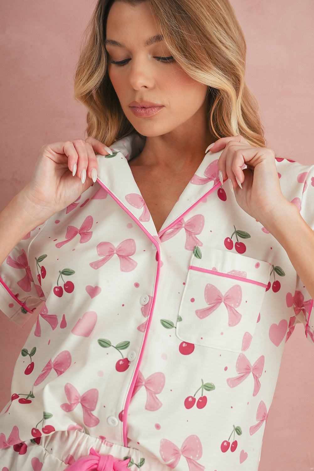 Beige Bow and Cherry Print Ruffle Hem Shorts Pajama Set Two Piece Shorts Sets e85eaf8365805a57