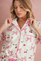 Beige Bow and Cherry Print Ruffle Hem Shorts Pajama Set Two Piece Shorts Sets e85eaf8365805a57