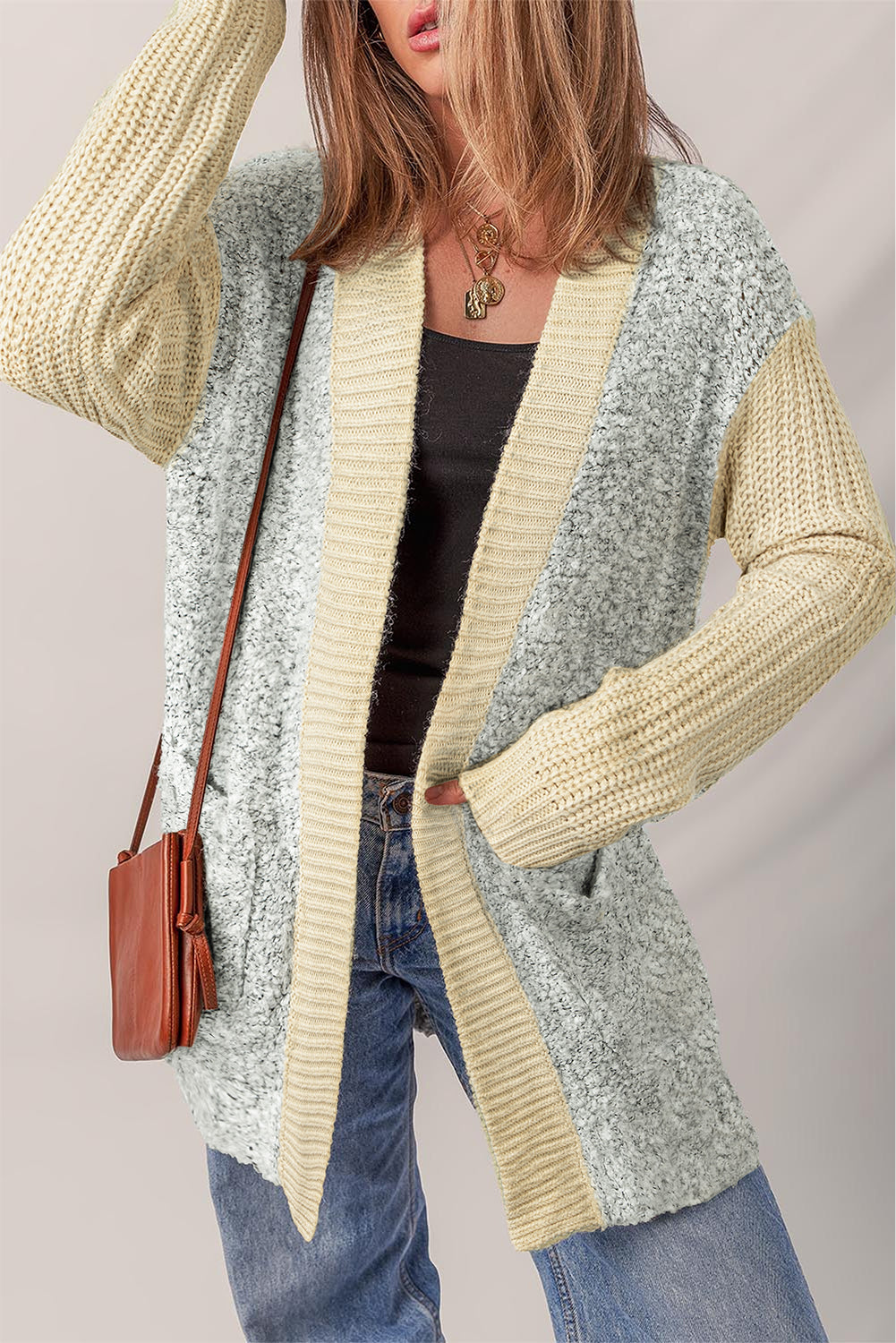 High-rise Patchwork Side Pockets Open Front Cardigan Cardigans e86775347da9f993