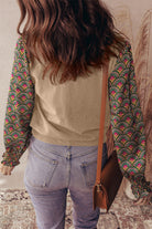 Apricot Floral Patchwork Shirred Cuff Puff Sleeve Sweater Sweaters e8af387c994d7aa0