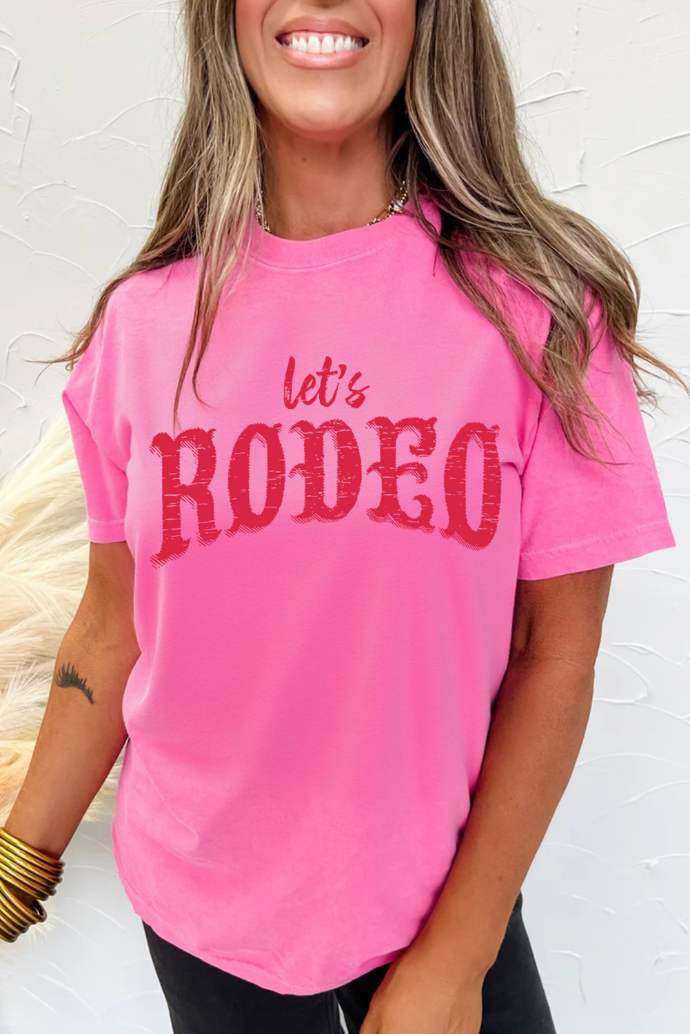 Rose Red Lets Rodeo Crew Neck Heat Transfer Printing Graphic Tee Graphic Tees e8b59b64a08d422e