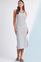 White Striped Criss Cross Back Side Slits Slim Fit Sleeveless Dress Midi Dresses e8c3b7fc172ec58e