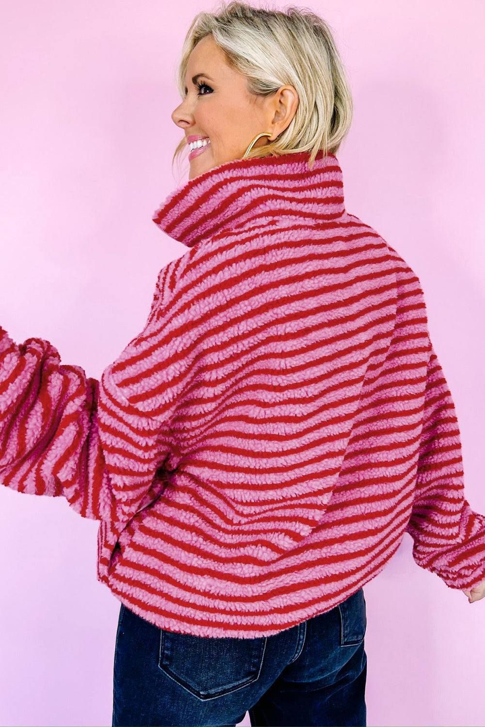 Pink Stripe Quarter Zip Fleece Oversize Sweatshirt Sweatshirts & Hoodies e8cc5dd676a4cd47