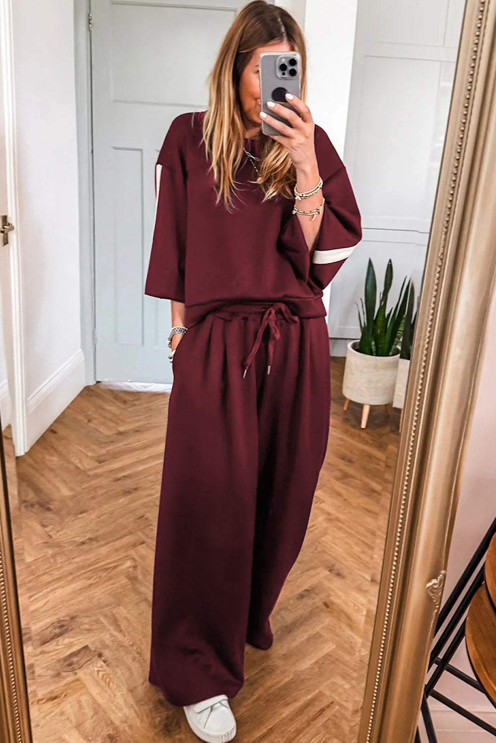 Burgundy Varsity Striped 3/4 Sleeve Pullover Drawstring Sweatpants Set Two Piece Pants Sets e91964d5302c7cf1