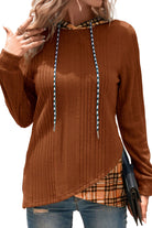 Chestnut Plaid Patchwork Ribbed Knit Drawstring Hooded Top Long Sleeve Tops e954691a0dca27ac