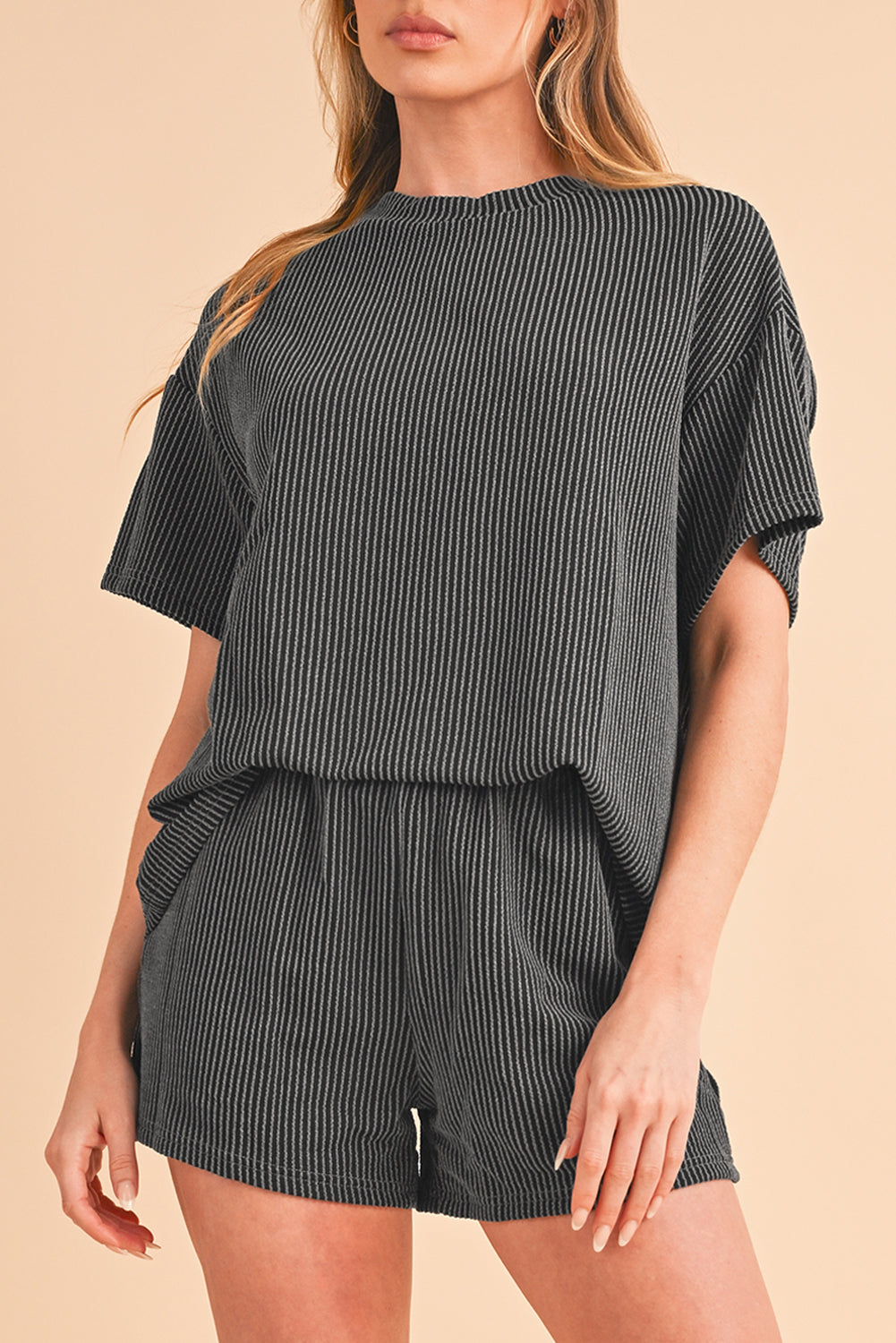 Orange Ribbed Textured Loose Fit Tee & Shorts Set Two Piece Shorts Sets e961204c2d0fccb4