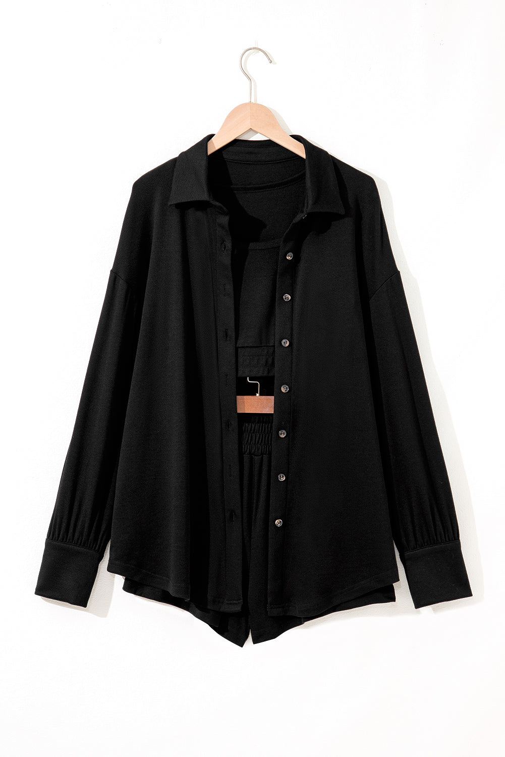 Gray Shirred Hem Crop Tank Top Loose Shorts Cardigan 3 Piece Pajama Set Loungewear Set e97760bcd428c7a8