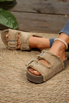 Pale Khaki Double Buckle Straps Frayed Detial Retro Slippers Slides Shoes + Flip Flops e998ee1dd4321a2a