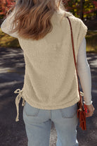 Beige Faux Fur Snap Button Front Knot Side Plush Vest Coats e9d76d2525ef06b8