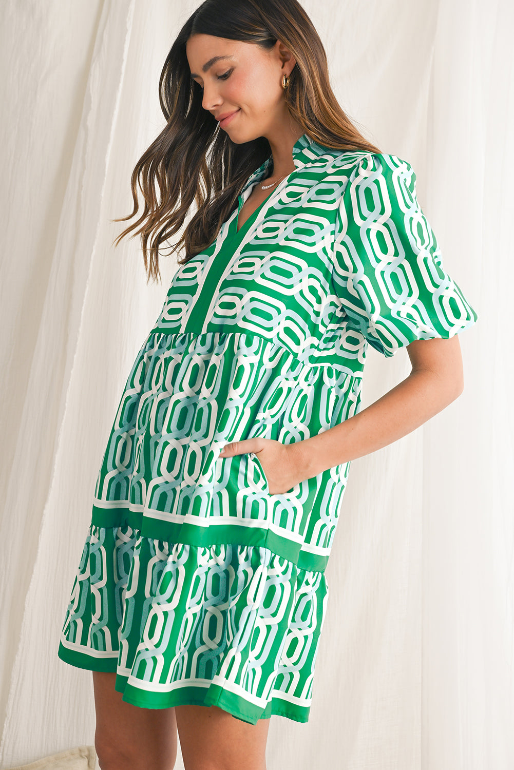 Bright Green Abstract Print Puff Sleeve Pop of Color Neckline Dress Short Dresses e9eabb47d0bfad0b