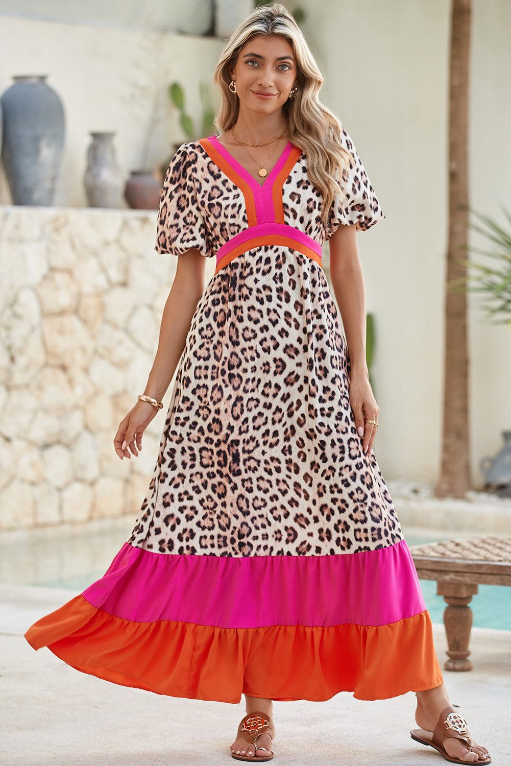 Bright Pink Leopard Print Colorblock Pop of Color Neckline Dress Maxi Dresses e9f6a73ee2e99279