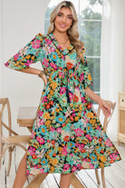 Green Boho Floral Puff Sleeve V Neck Tassel Drawstring Midi Dress Midi Dresses ea0983f4507f3bf3