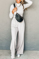 Light Grey Long Sleeve High Neck Slim Top Smocked Waist Central Seam Pants Set Two Piece Pants Sets ea09e3fe9838ca8c