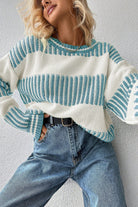 Khaki Two Tone Striped Patchwork Drop Shoulder Sweater Sweaters ea1a7c193f8fb626