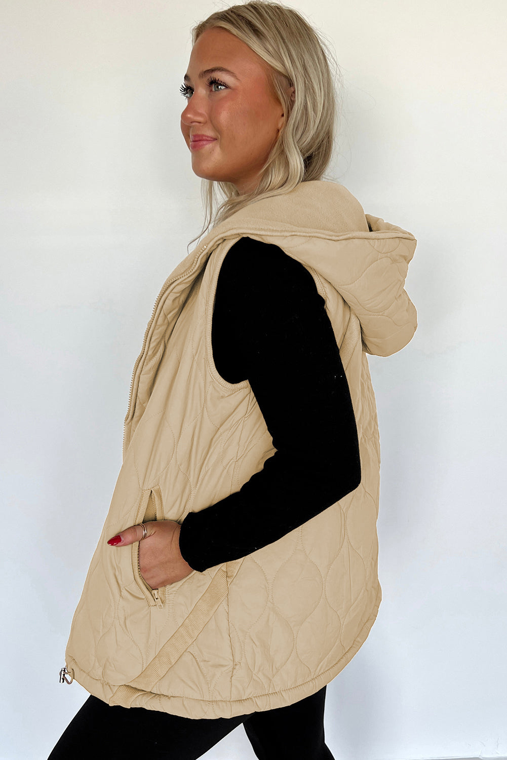 Pale Khaki Quilted Padded Casual Winter Jacket Vest with Fleece Lining Jackets ea3ffbe2271fd000