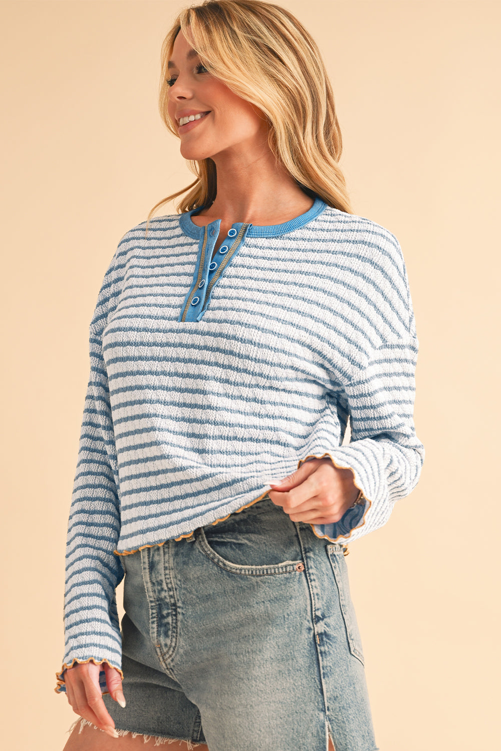 Sky Blue Stripe Textured Long Sleeve Henley Top Long Sleeve Tops ea5844774434aa1e