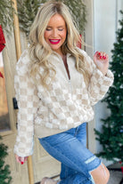 Khaki Checkered Sherpa Corduroy Patchwork Zip-up Collared Jacket Jackets ea5a04c95f752d63