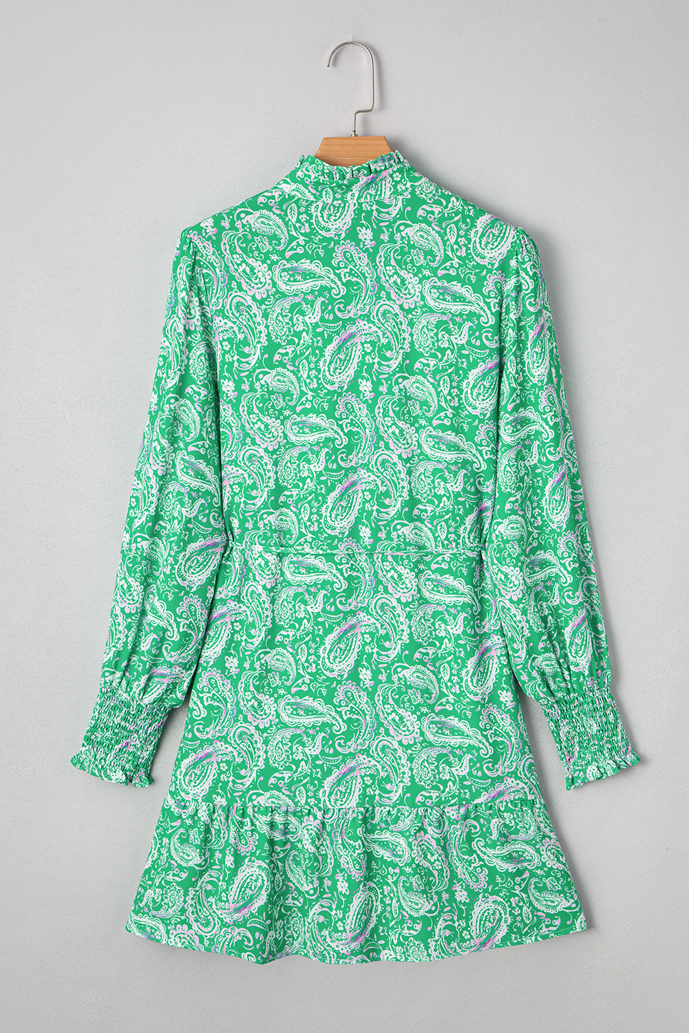 Green Paisley Print Long Sleeve Button Front Tied Waist Mini Dress Short Dresses ea713a5e3369739d
