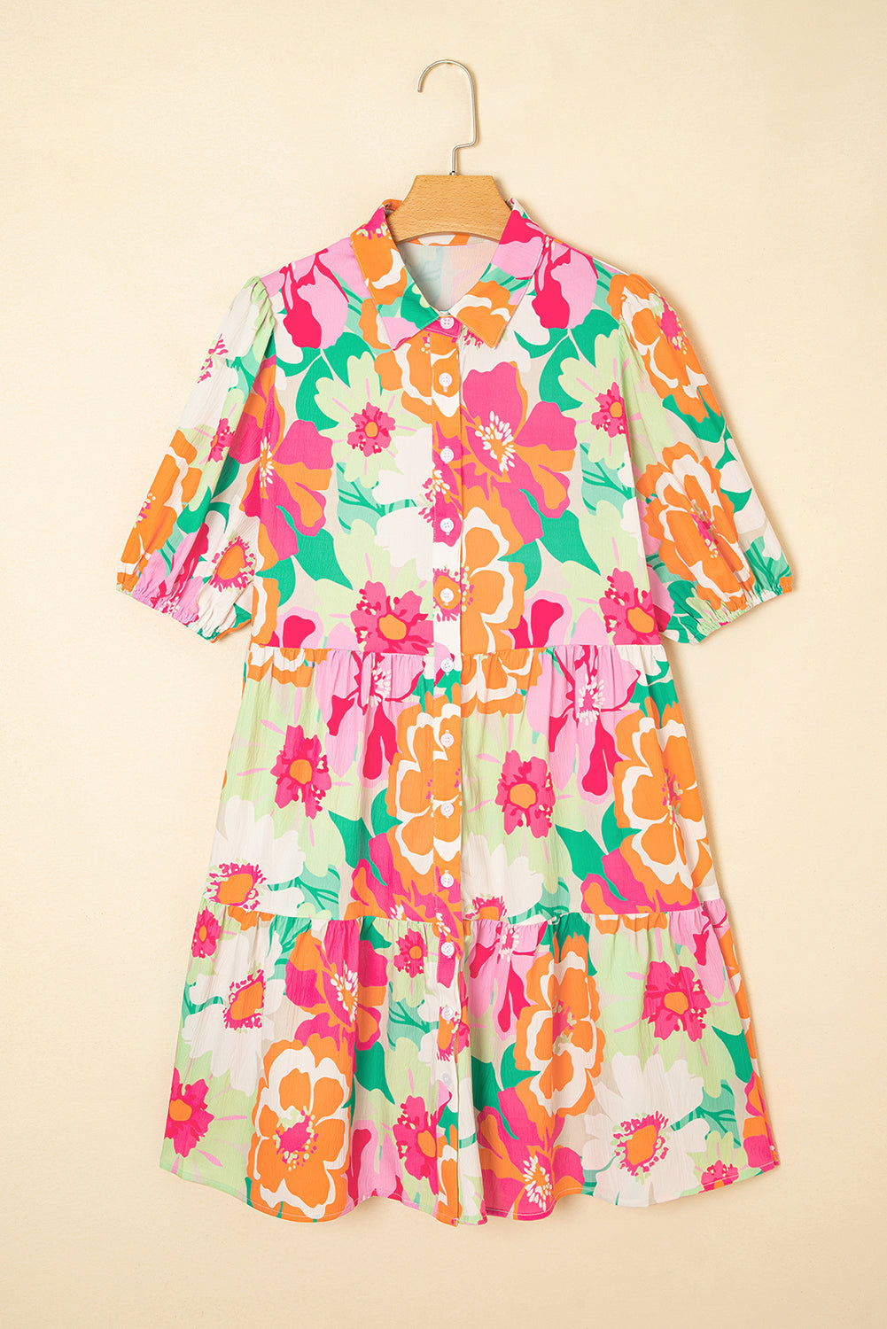 Green Floral Puff Sleeve Buttoned Babydoll Dress Short Dresses eaaabf76aaf20112