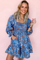 Blue Smocked Bodice High Waist Ruffled Sleeve Floral Dress Short Dresses ead6a0f02ac9524e