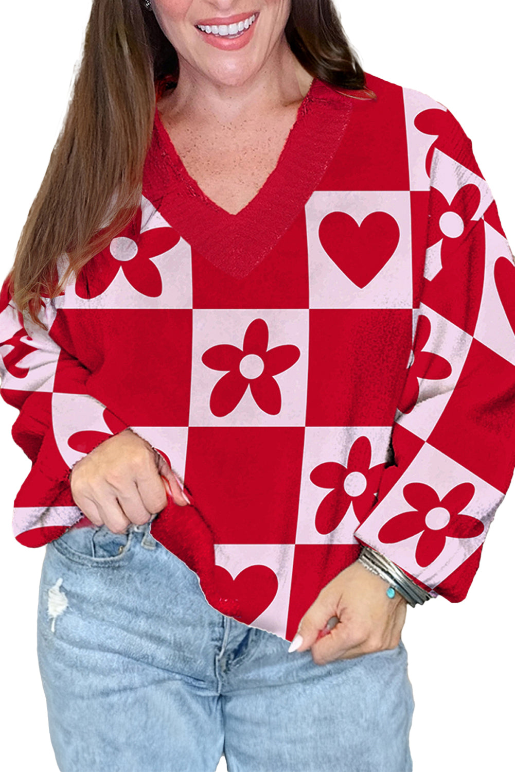 Fiery Red Floral Heart Pattern Plaid V Neck Sweater Sweaters eaf0d62976c0a6ec