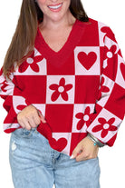 Fiery Red Floral Heart Pattern Plaid V Neck Sweater Sweaters eaf0d62976c0a6ec