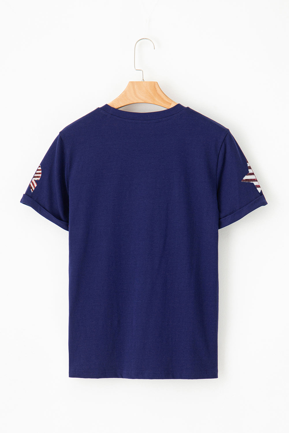 Blue USA Flag Bow Star Sequins Patch Graphic Crewneck T Shirt Graphic Tees eb2655cf5008e13d