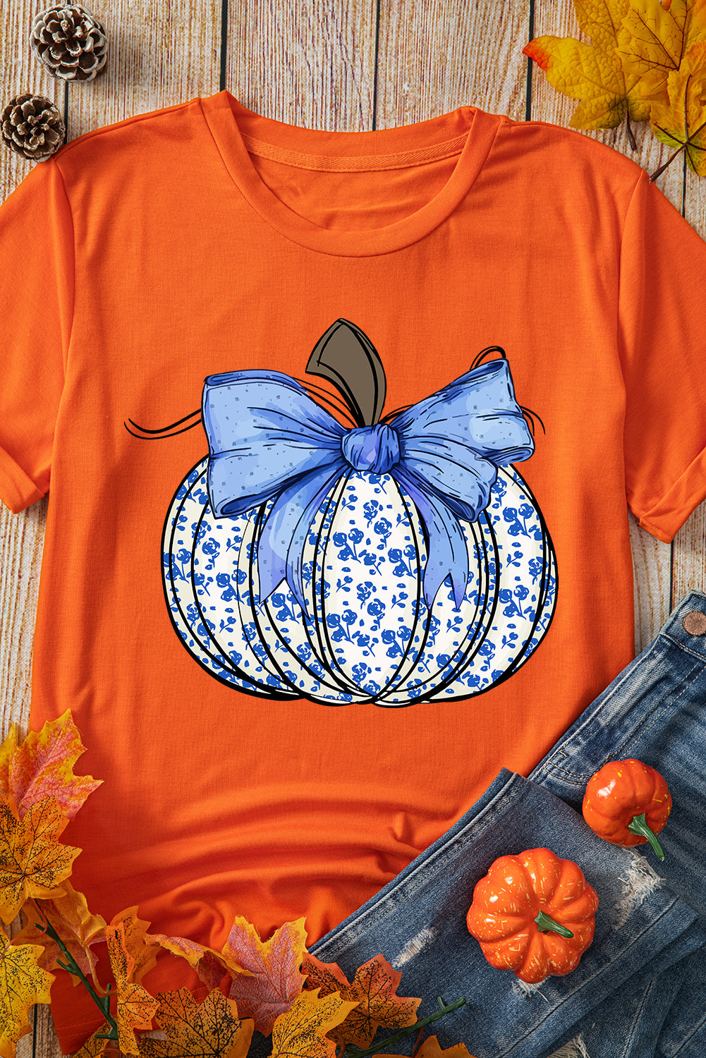 Orange Floral Pumpkin Bow Heat Transfer Printing Thanksgiving T Shirt Graphic Tees eb5686ef1f7183cd