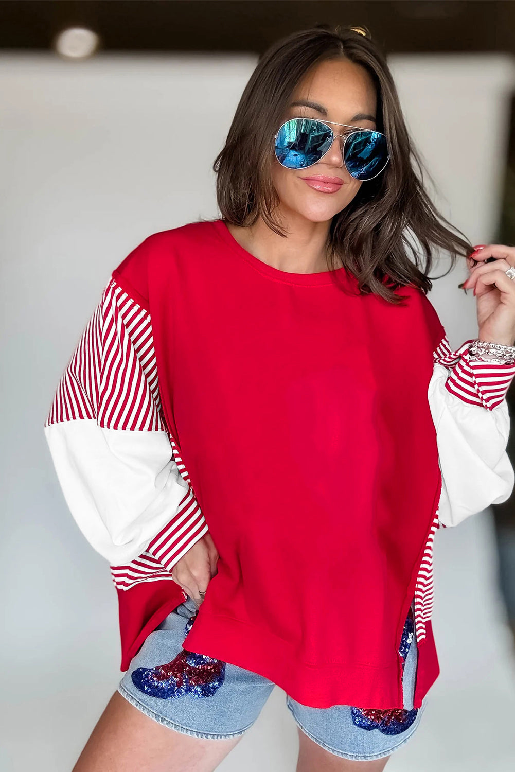 Fiery Red Striped Patchwork Sleeve Colorblock Sweatshirt Sweatshirts & Hoodies eb57e5d1fa2fd7c3