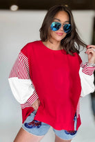 Fiery Red Striped Patchwork Sleeve Colorblock Sweatshirt Sweatshirts & Hoodies eb57e5d1fa2fd7c3