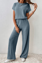Black Ribbed Keyhole Short Sleeve Wide Leg Jumpsuit Jumpsuits eb5d88d9be3f6ea0