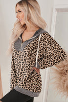 Khaki Ribbed Leopard Print Patchwork Collar Zip Hoodie Sweatshirts & Hoodies eb903593d7a97cd8